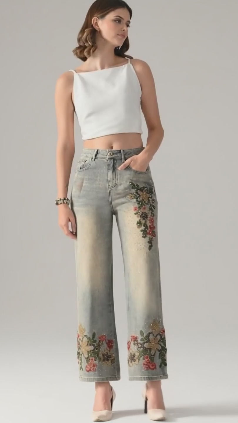 Rhinestone Embroidered Jeans