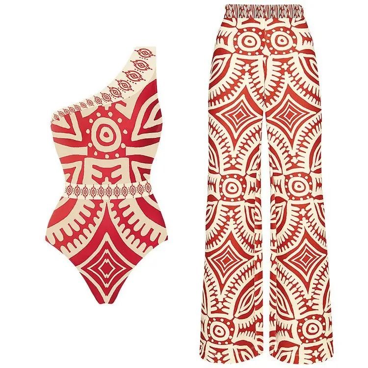 Printed One Shoulder Monokini With Pants